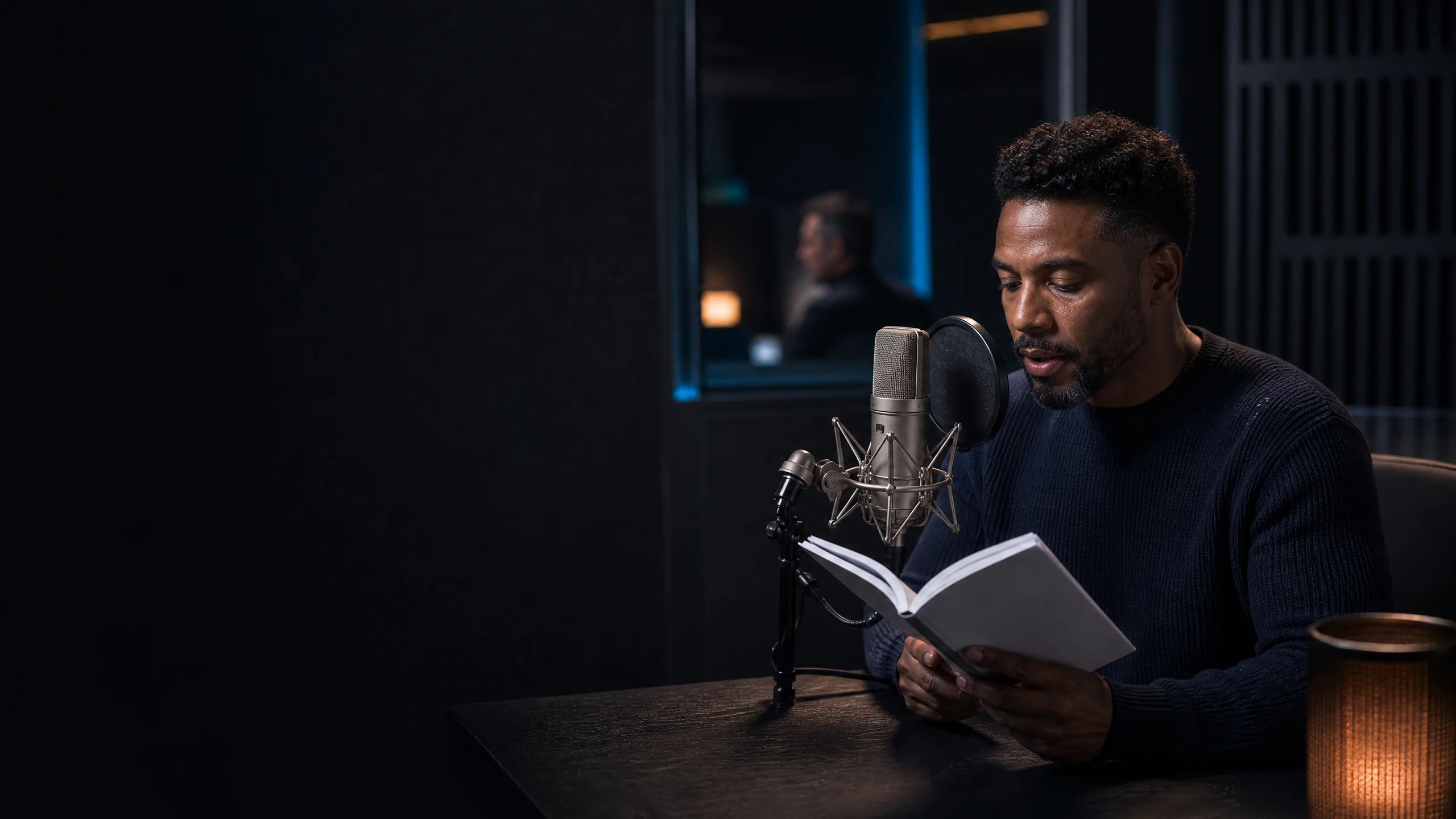 Author recording an audiobook in the PriviCast Studio production booth