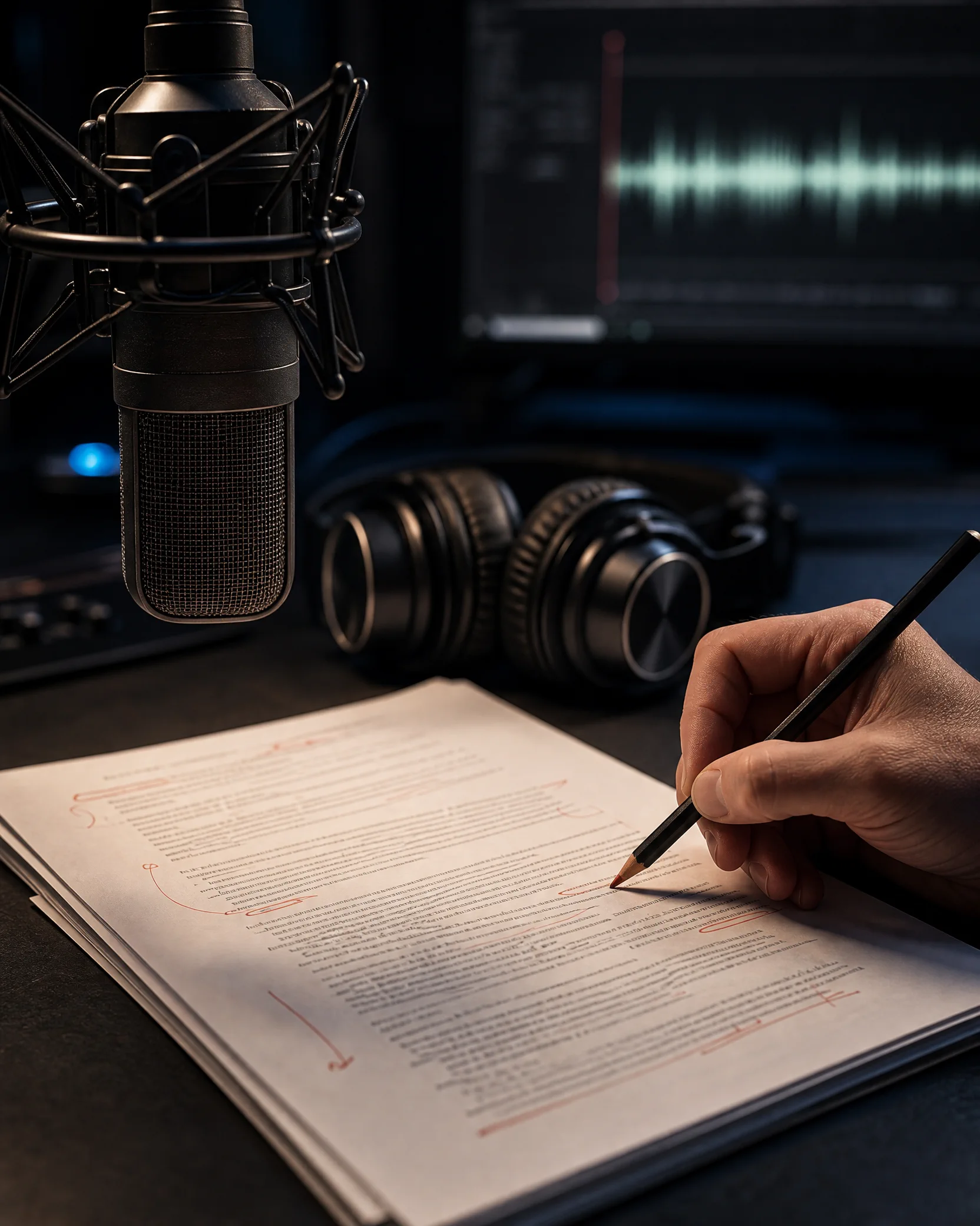 Manuscript and studio microphone prepared for audiobook recording