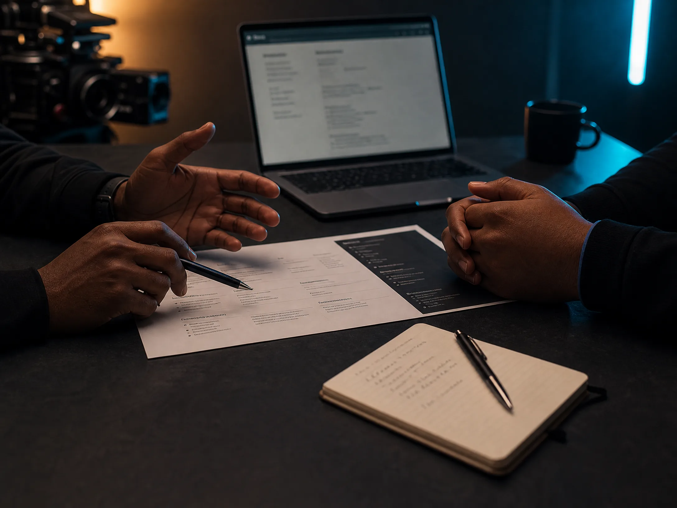 Creative professionals collaborating over a project brief in a cinematic production studio.