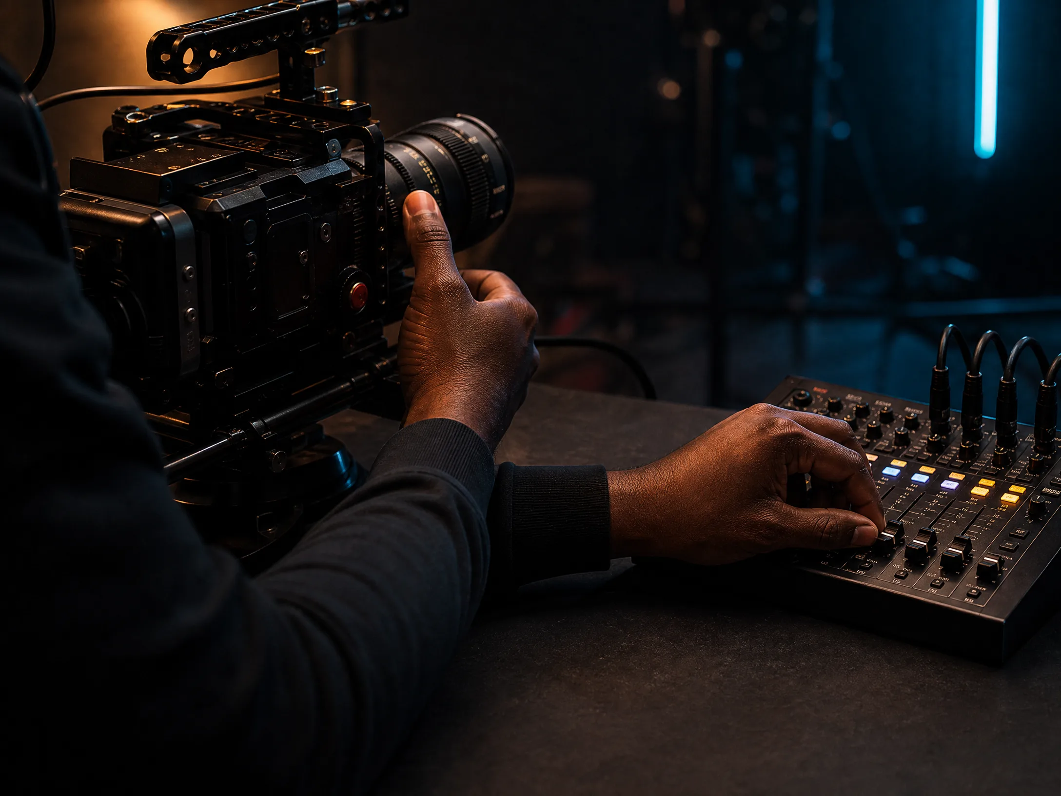 Producer hands operating a cinema camera and audio console in a premium studio.