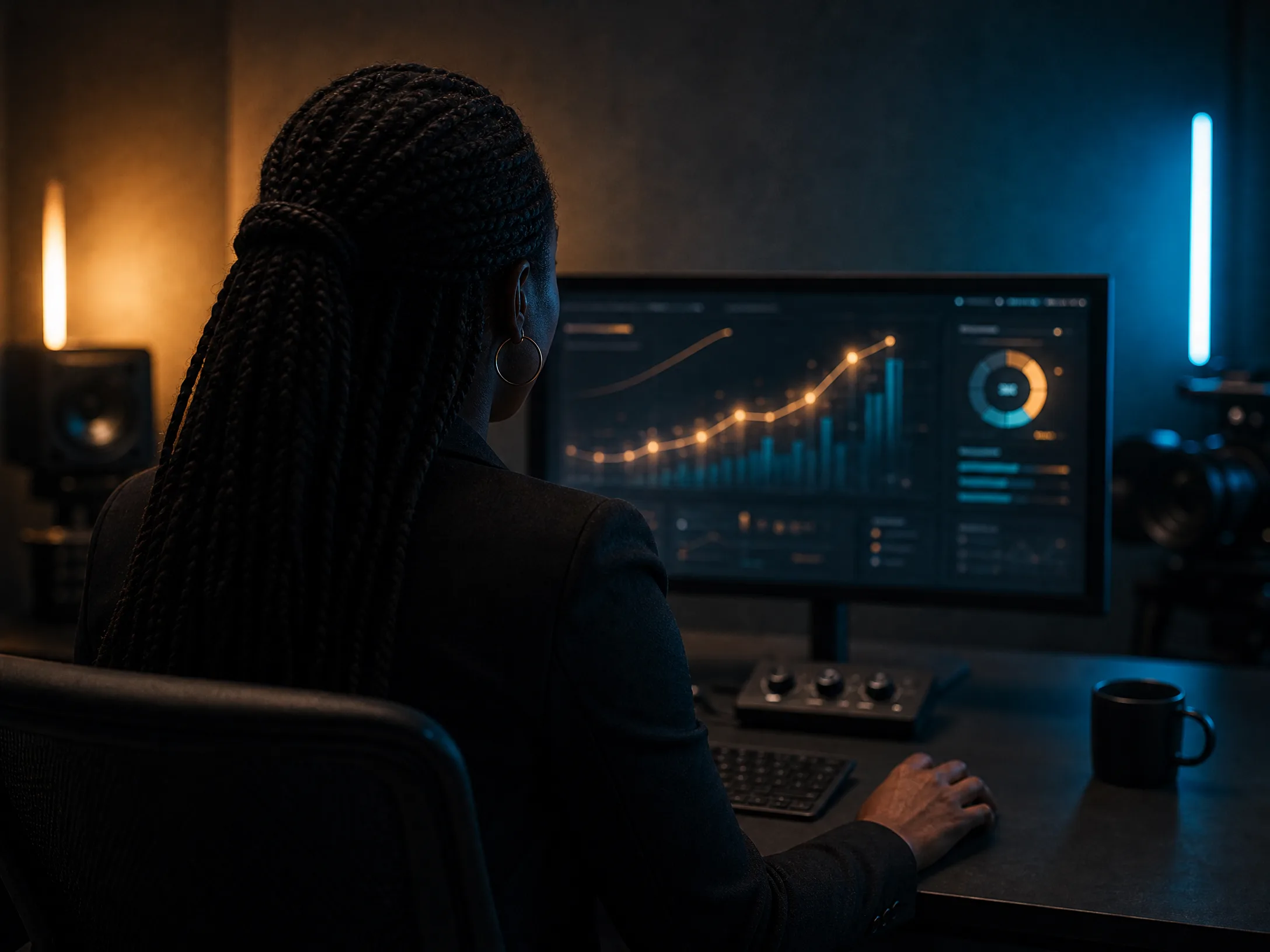 A creative lead viewed from behind reviewing campaign performance in a studio.